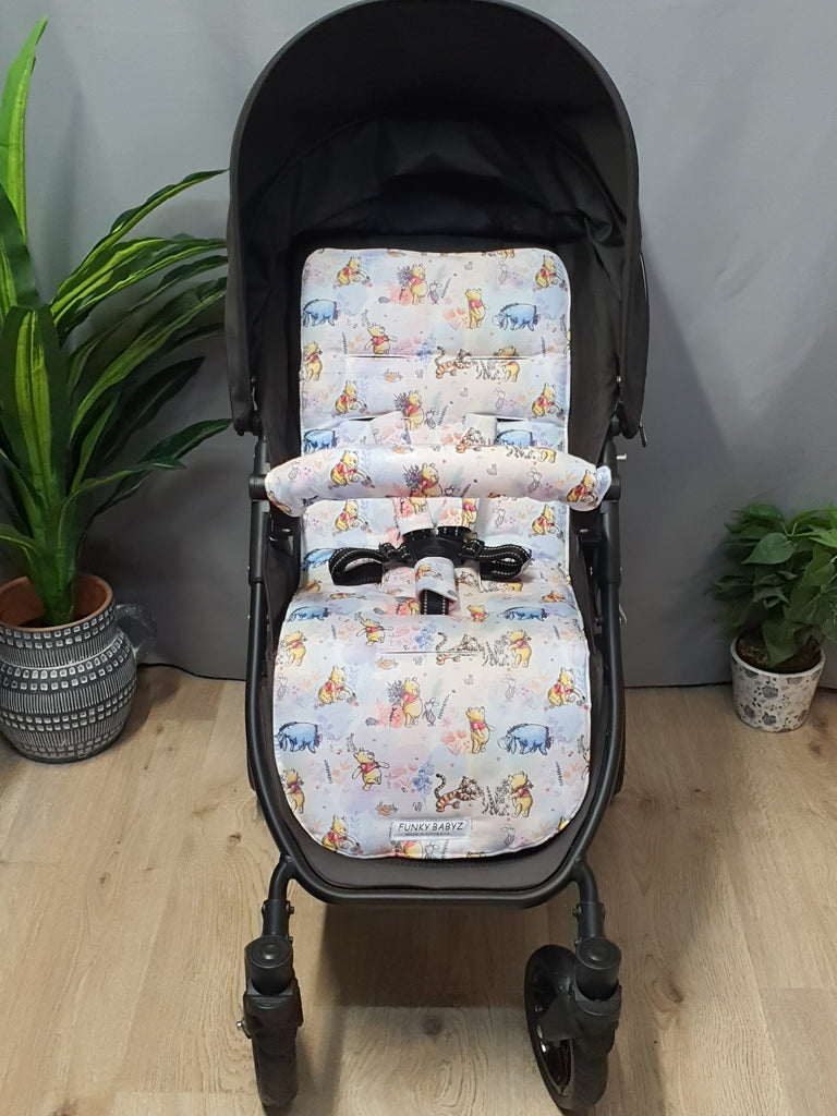 Pram liner set universal,100% cotton-Bear flower fields