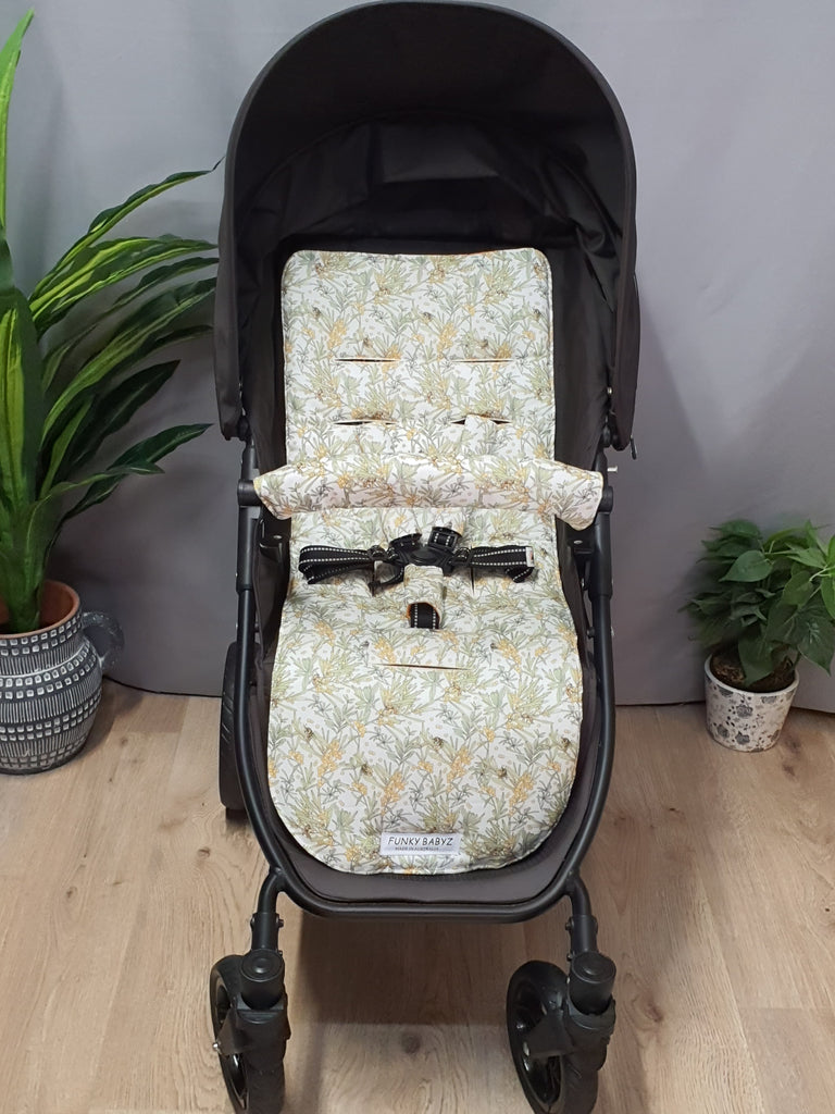 Pram liner set universal,100% cotton-Australian bee,wattle