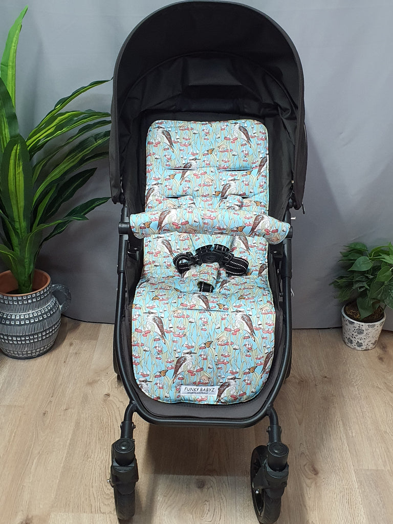 Pram liner set universal,100% cotton-Australian kookaburra,blue