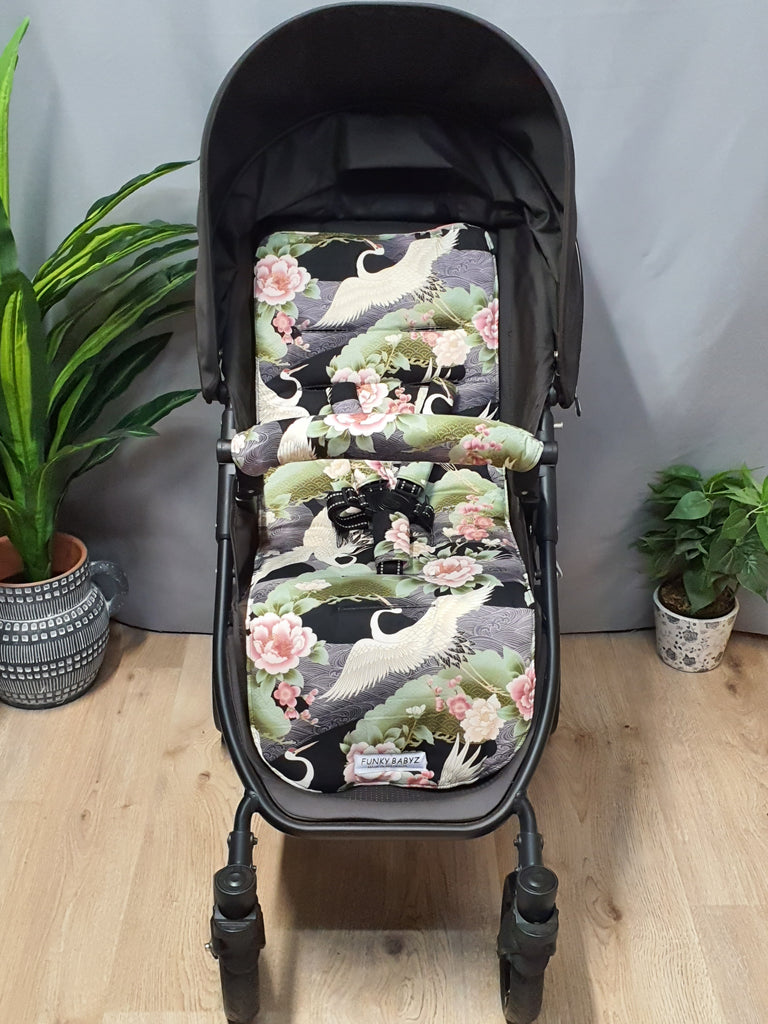 Pram liner set universal,100% cotton-Japanese cranes,black