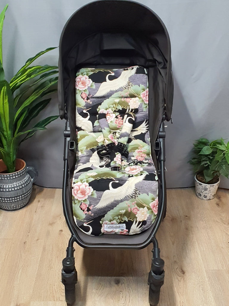 Pram liner set universal,100% cotton-Japanese cranes,black