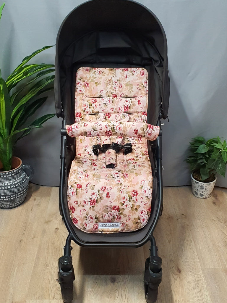 Pram liner set universal,100% cotton-Pretty roses,beige