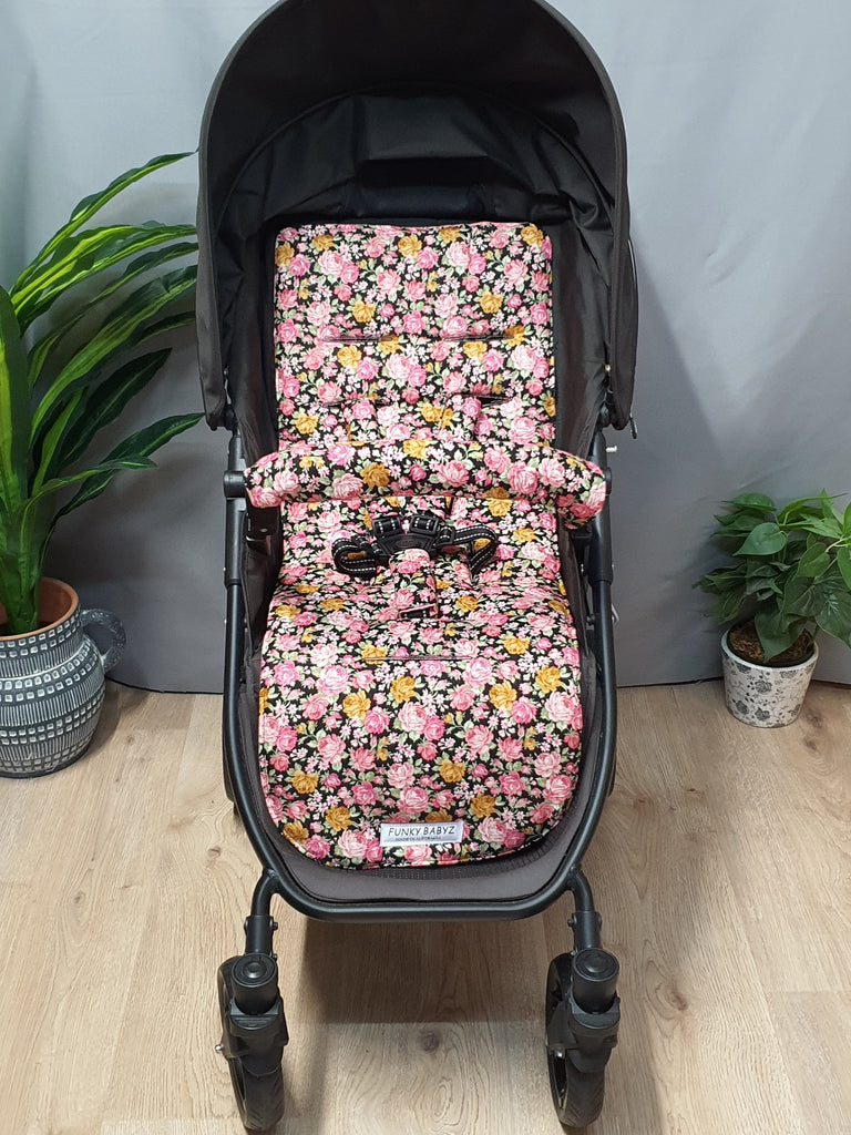 Pram liner set universal,100% cotton-Petite pink roses