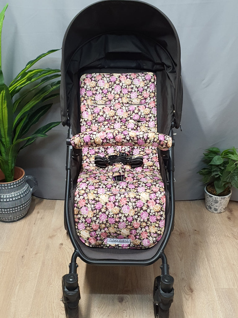 Pram liner set universal,100% cotton-Petite purple roses