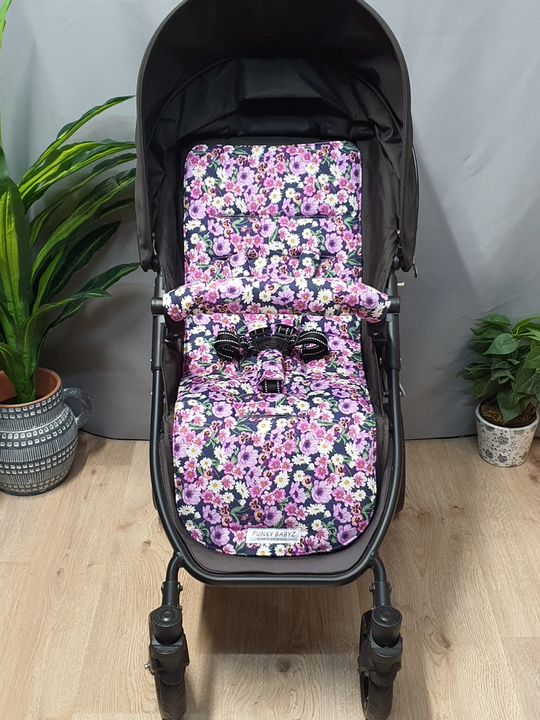 Pram liner set universal,100% cotton-Pretty pansies