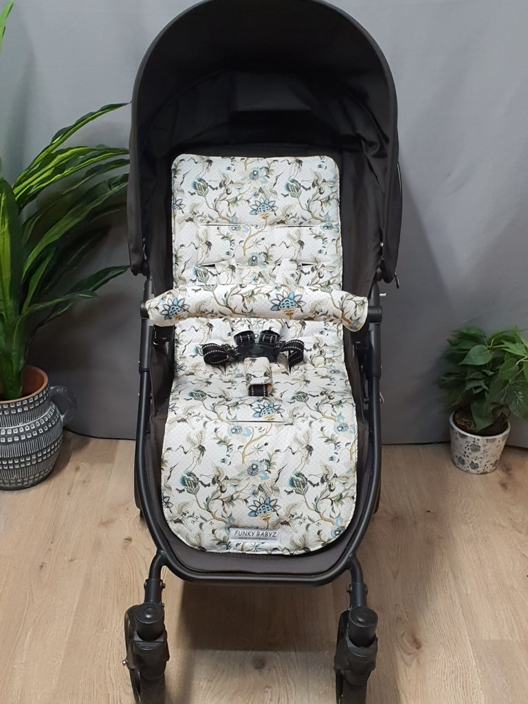 Pram/stroller seat liner-Oriental cranes,white-Last one**Medium size**