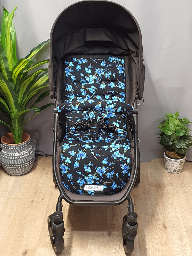 Pram/stroller seat liner-Blue Japanese bonsai flowers