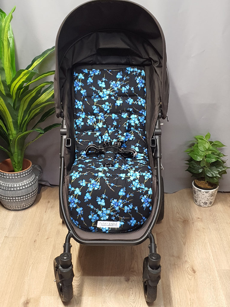 Pram/stroller seat liner-Blue Japanese bonsai flowers