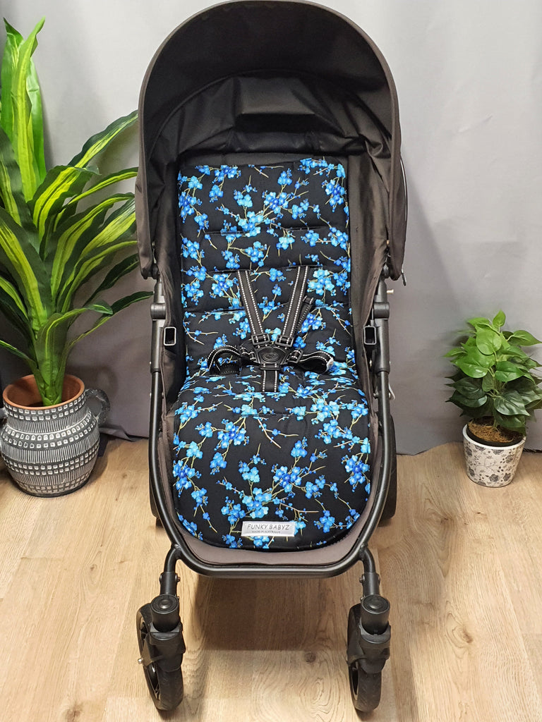 Pram/stroller seat liner-Blue Japanese bonsai flowers