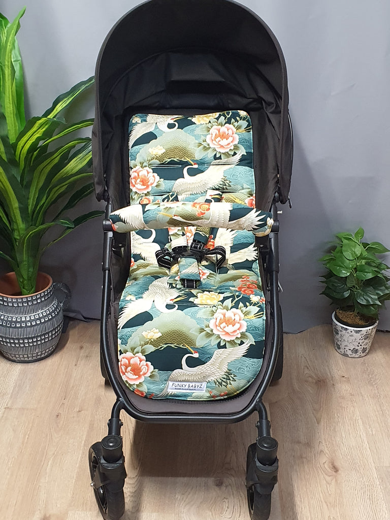 Pram/stroller seat liner-Oriental cranes,green-Last one**Medium size**