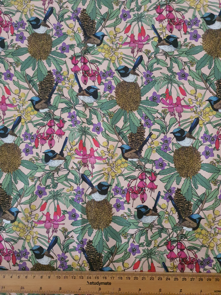 Pram/stroller seat liner-Fuchsia flowers and fairy wren birds