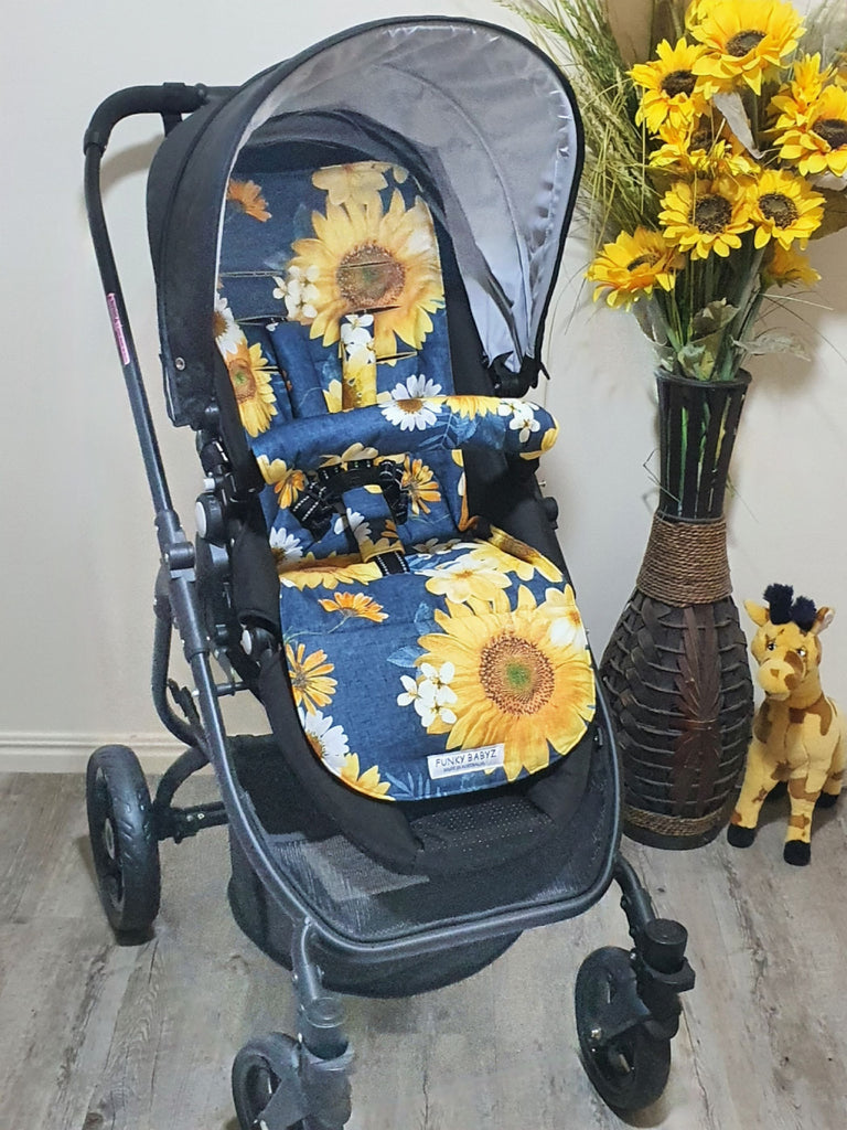 Pram/stroller seat liner-Sunflowers,denim