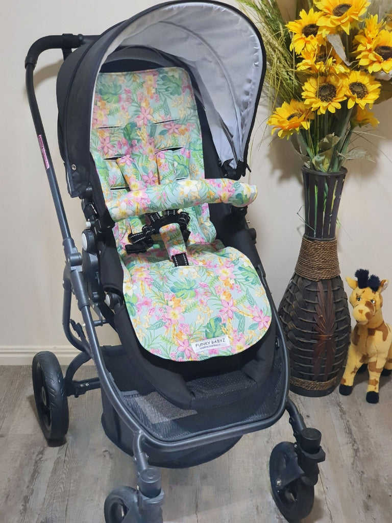 Pram/stroller seat liner-Tropical frangipani flowers