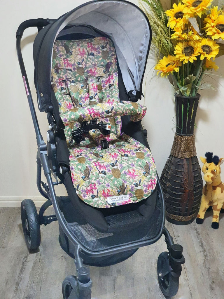 Pram/stroller seat liner-Fuchsia flowers and fairy wren birds