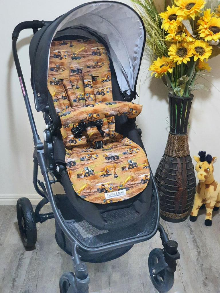 Pram/stroller seat liner-Dusty diggers and trucks