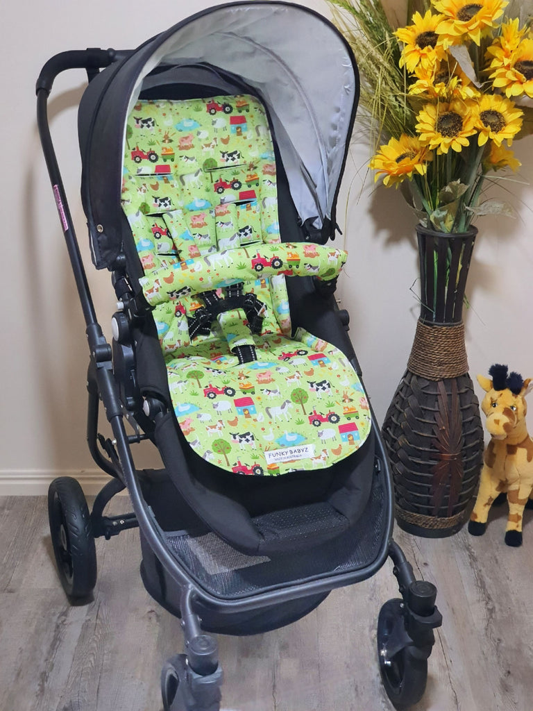Pram/stroller seat liner-Green farmyard