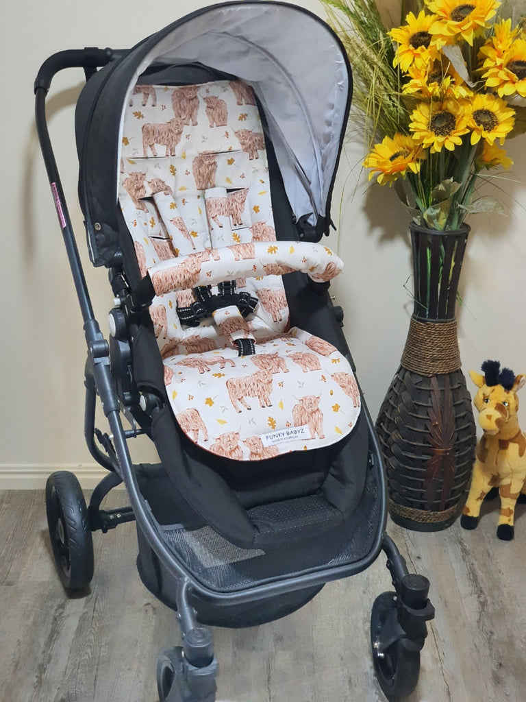 Pram/stroller seat liner-Highland cows,autumn leaves