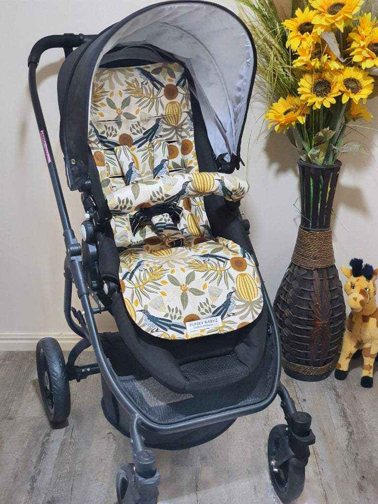 Pram/stroller seat liner-Honeyeater wattle bird natural