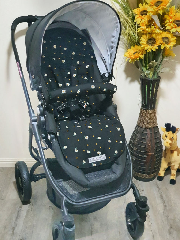 Pram/stroller seat liner-Black with small white daisy flowers