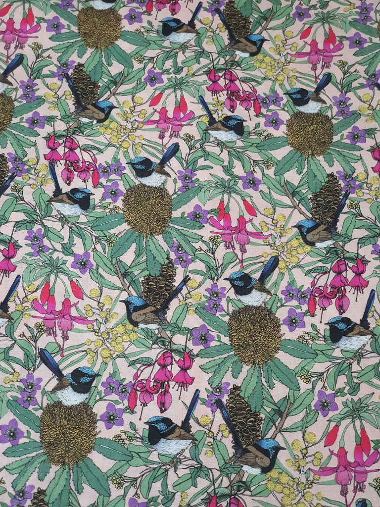 Pram/stroller seat liner-Fuchsia flowers and fairy wren birds