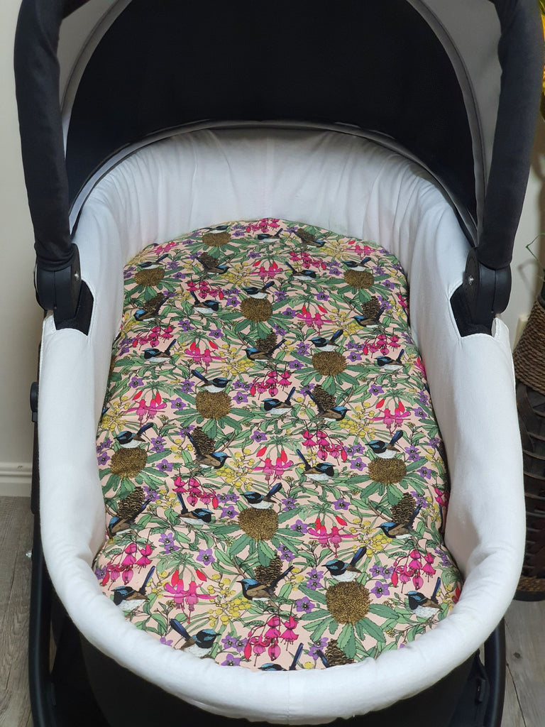 Pram/stroller bassinet liner-Fuchsia flowers and fairy wren birds