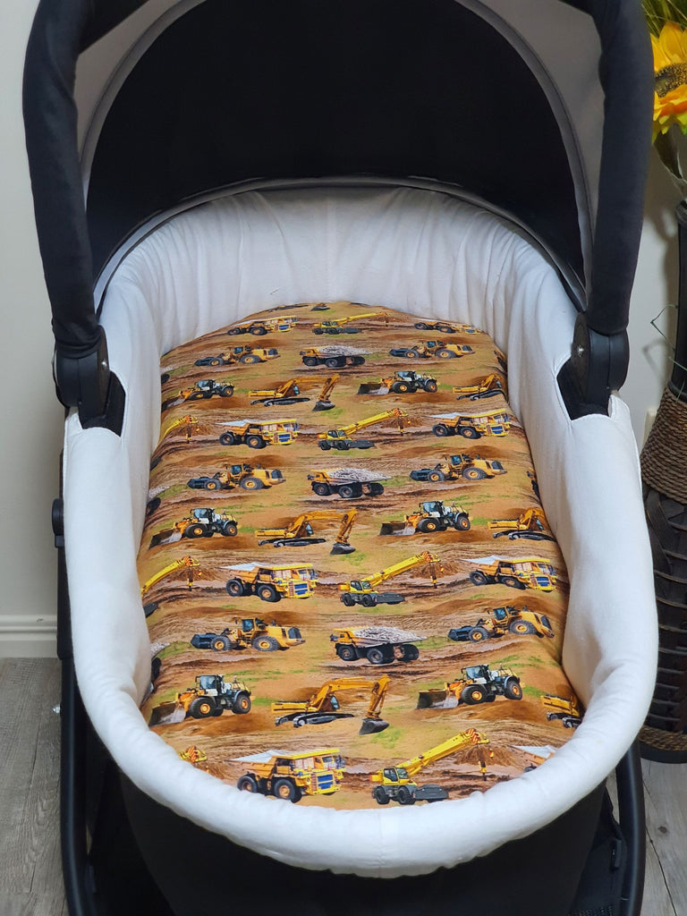Pram/stroller bassinet liner-Dusty diggers and trucks