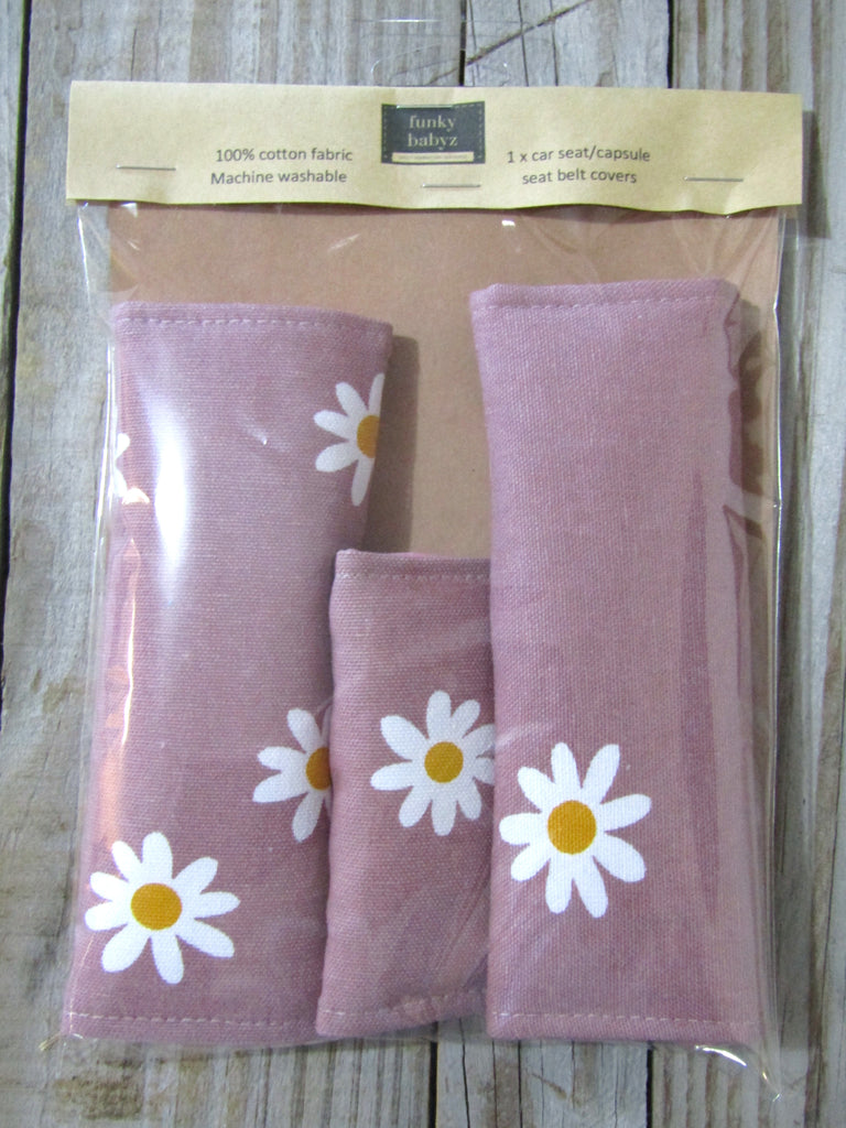 Baby capsule/car seat belt covers-Daisies,dusty pink