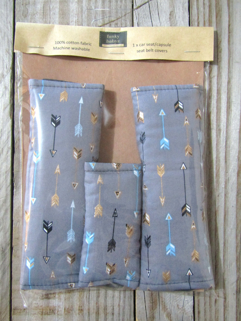 Baby capsule/car seat belt covers-Gold arrows