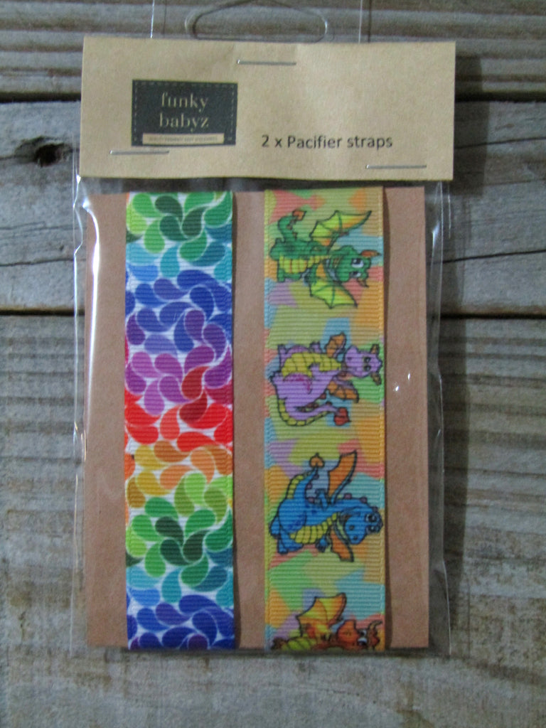 Pacifier straps,2 pack-Coloured swirls,dragons