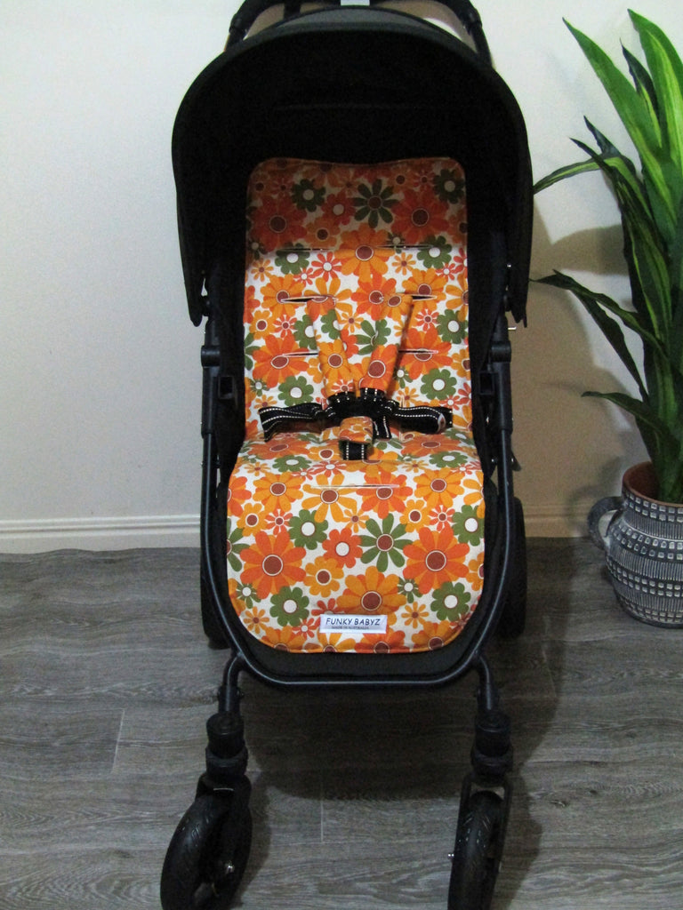 Pram/stroller seat liner-Retro orange blossom flowers