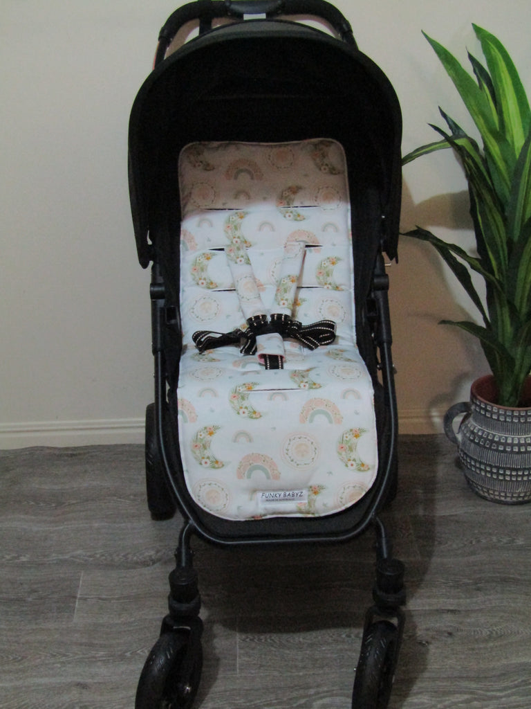 Pram liner set universal,100% cotton-Boho floral moons,rainbows