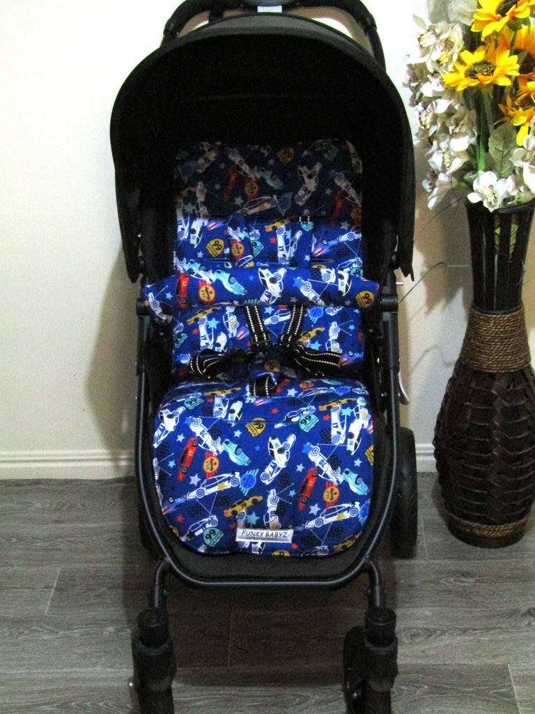 Pram liner set universal,100% cotton-Racing race cars