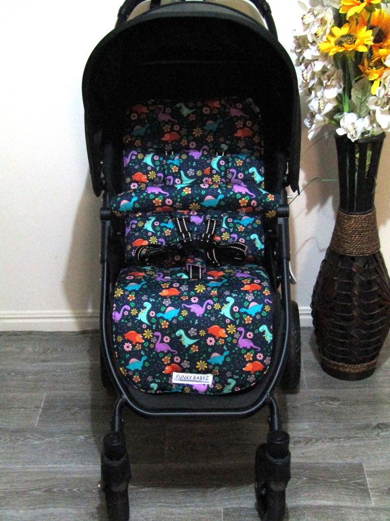 Pram liner set universal,100% cotton-Floral dinosaurs