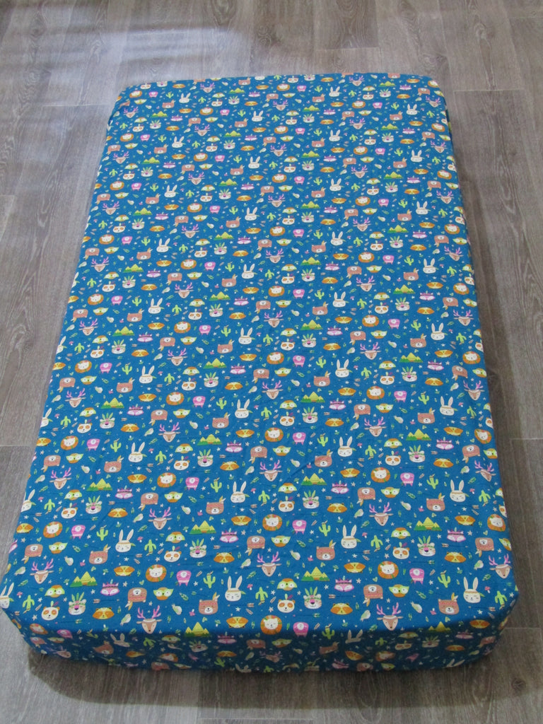 Fitted cot sheet-Tribal animals,teal