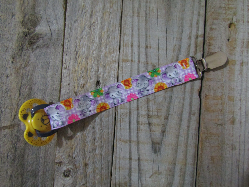 Pacifier strap-Baby elephant on purple gingham
