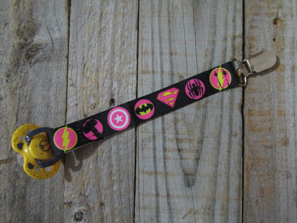 Pacifier strap-Pink superhero symbols