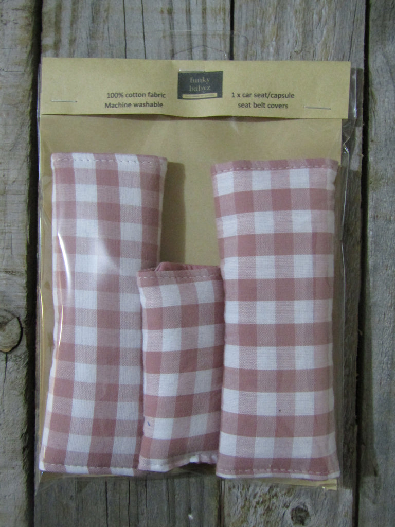 Baby capsule/car seat belt covers-Dusty pink gingham
