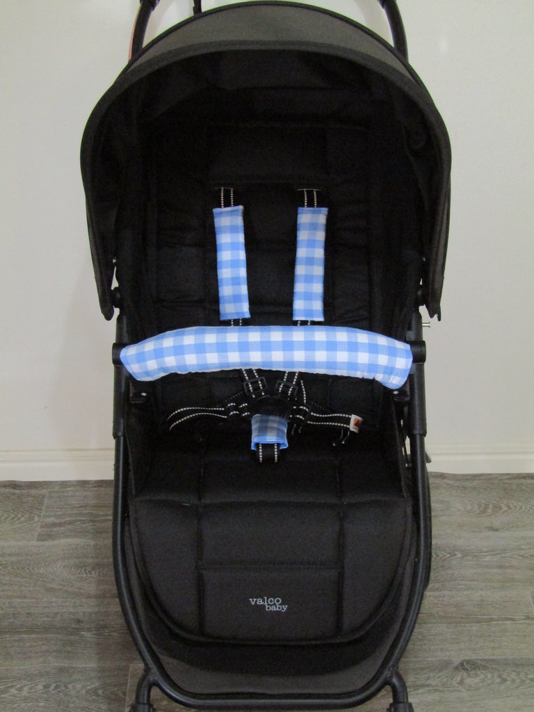 Pram seat belt & belly bar covers set-Light blue gingham