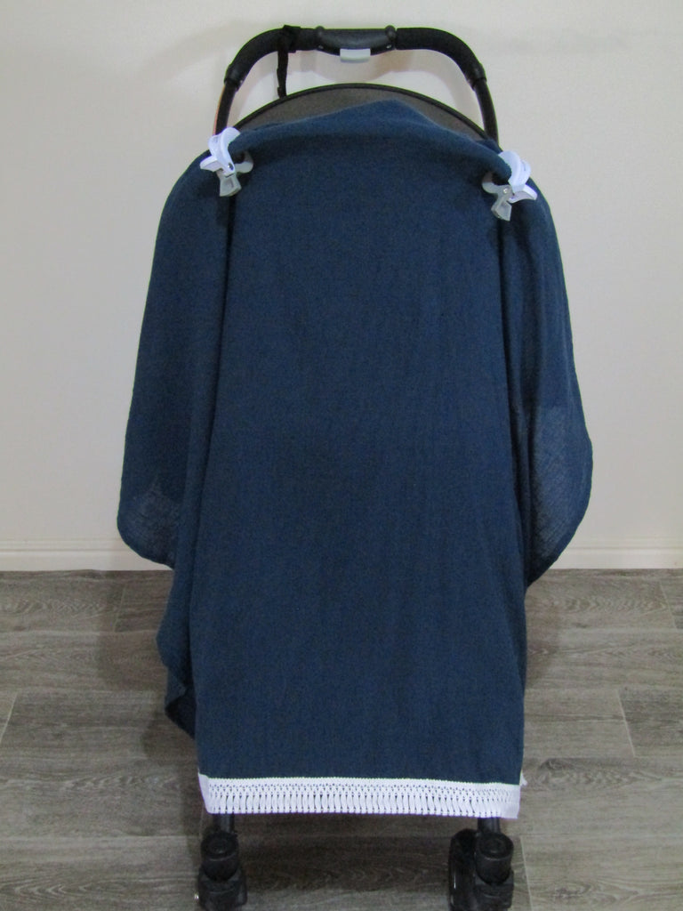 Cheesecloth pram sunshade wrap-Navy blue with boho trim