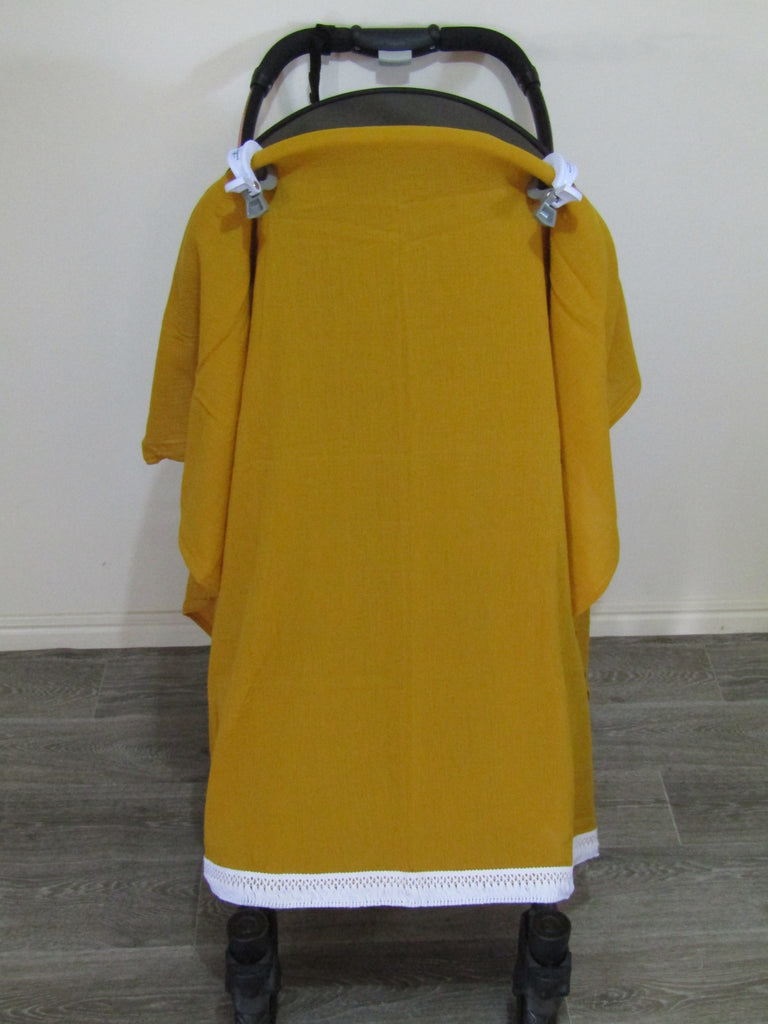 Cheesecloth pram sunshade wrap-Mustard with boho trim