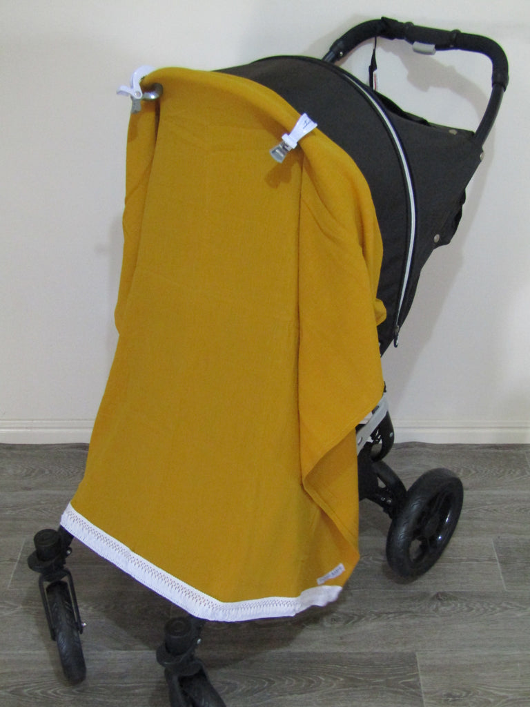 Cheesecloth pram sunshade wrap-Mustard with boho trim