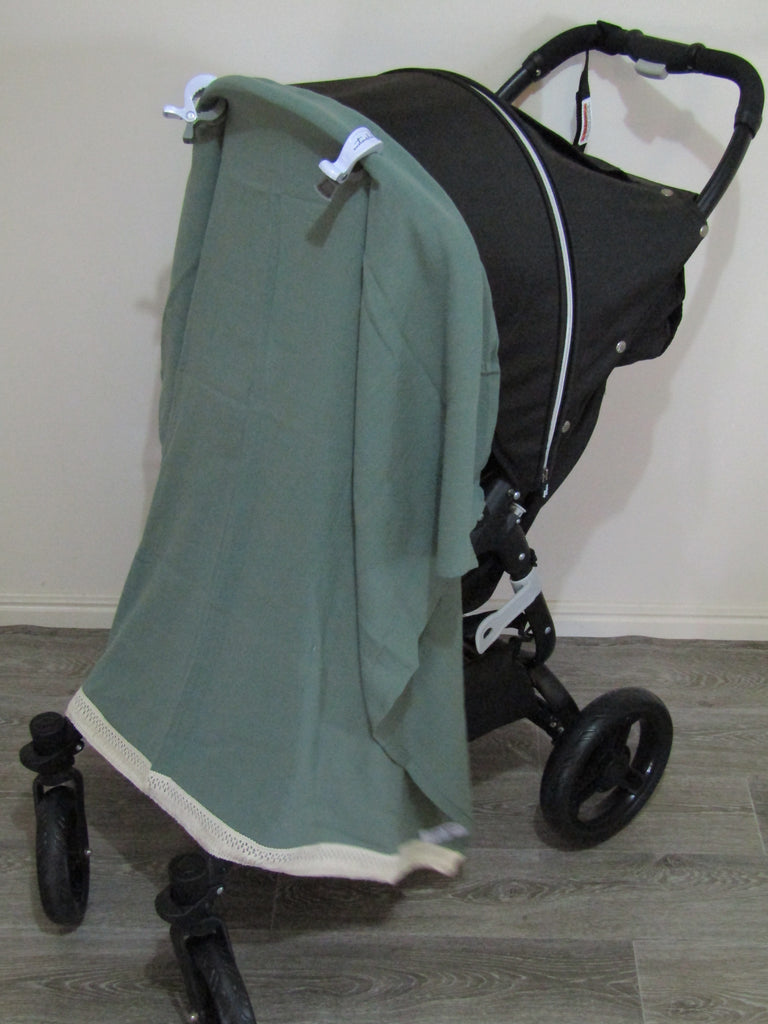 Cheesecloth pram sunshade wrap-Sage green with boho trim