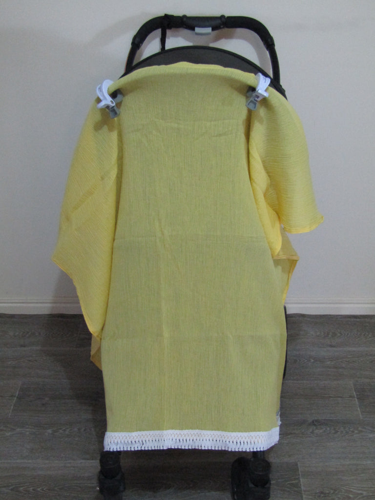 Cheesecloth pram sunshade wrap-Sunshine yellow with boho trim