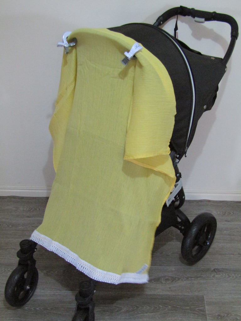 Cheesecloth pram sunshade wrap-Sunshine yellow with boho trim