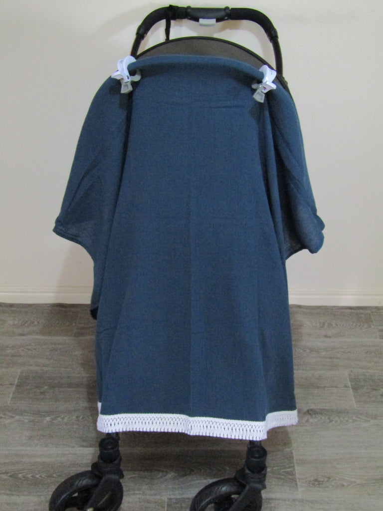 Cheesecloth pram sunshade wrap-French blue with boho trim