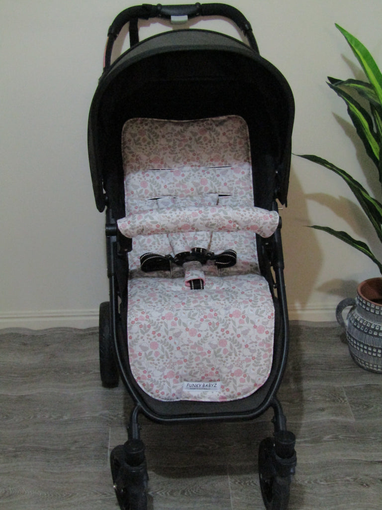 Pram liner set universal,100% cotton-Floral sheep,pink