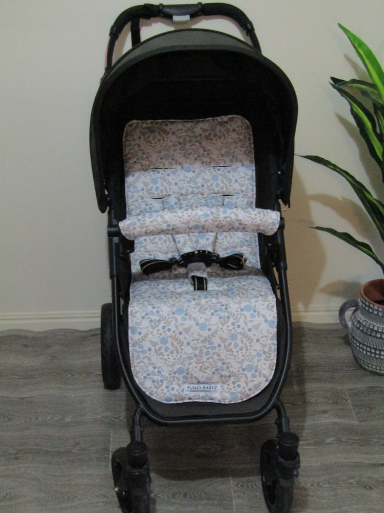 Pram liner set universal,100% cotton-Floral sheep,blue