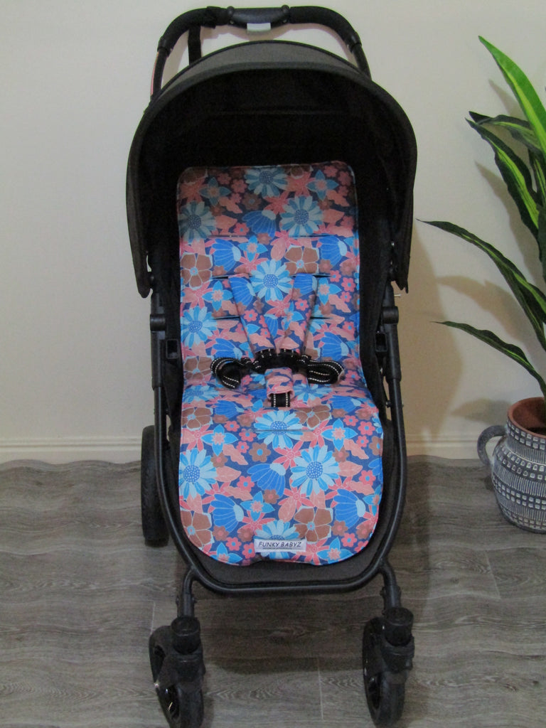 Pram liner set universal,100% cotton-Pastel blue vintage flowers