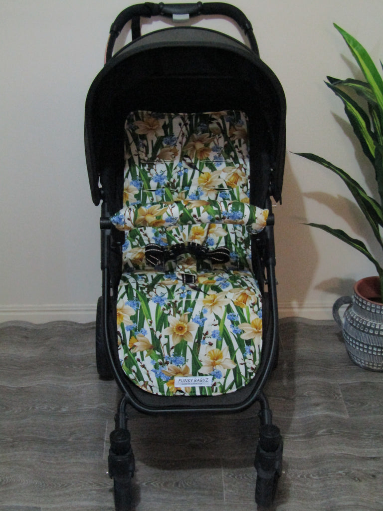 Pram liner set universal,100% cotton-Daffodil flowers,ivory