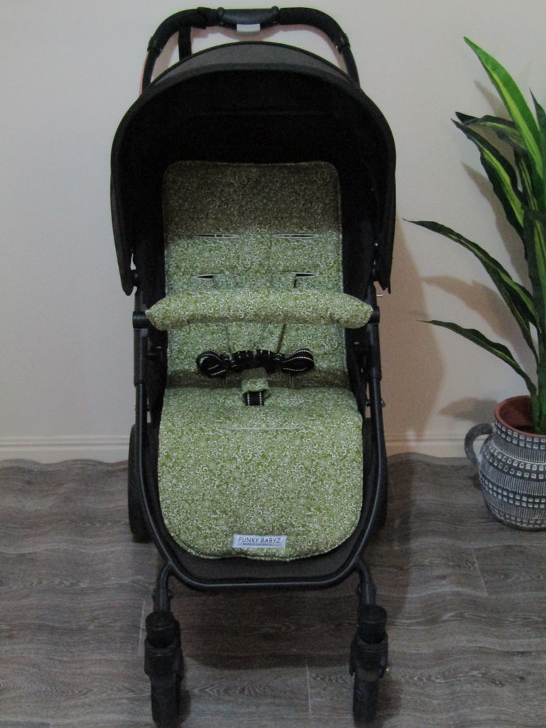 Pram liner set universal,100% cotton-Jasmine vines,pesto green